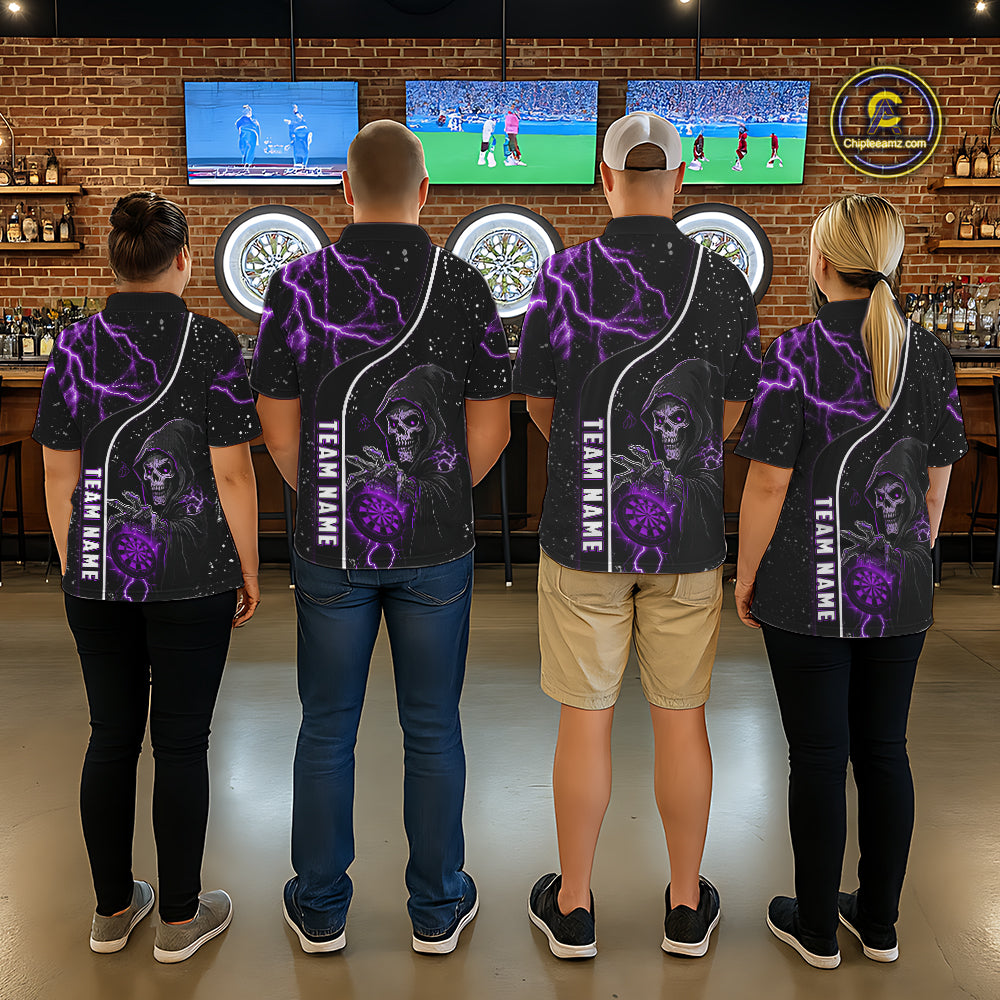 Custom Purple Darts Lightning Grim Reaper Polo & 1/4 Zip, Darts Shirt For Men, Darts Team Jersey TDM6309