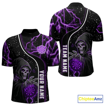 Custom Purple Darts Lightning Grim Reaper Polo & 1/4 Zip, Darts Shirt For Men, Darts Team Jersey TDM6309