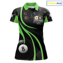 Load image into Gallery viewer, Green 8 ball and 9 ball billiard polo shirt for women with custom pool team graphics.