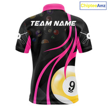 Load image into Gallery viewer, Pink 8 ball and 9 ball billiard polo shirt for men with custom pool team graphics.