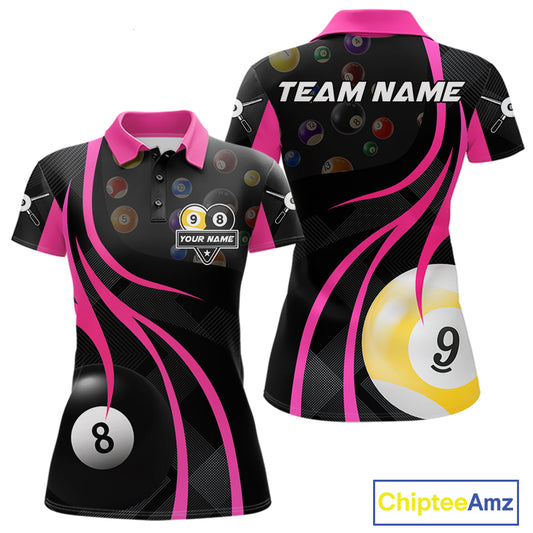 Pink 8 ball and 9 ball billiard polo shirt for women with custom pool team graphics.