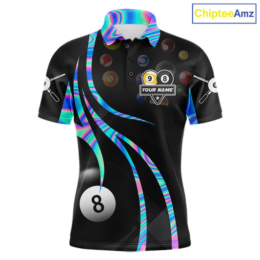 Holographic 8 ball and 9 ball billiard polo shirt for men with custom pool team graphics.