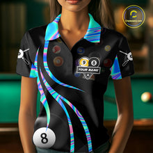 Load image into Gallery viewer, Woman wearing a holographic 8 ball and 9 ball billiard jersey beside a pool table front view.