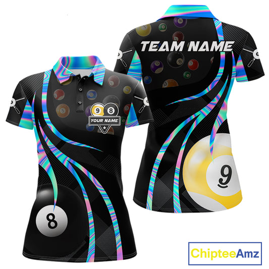Holographic 8 ball and 9 ball billiard polo shirt for women with custom pool team graphics.
