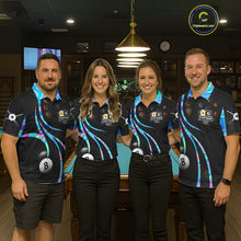Load image into Gallery viewer, Pool team wearing matching holographic 8 ball and 9 ball billiard jerseys during tournament competition front view.