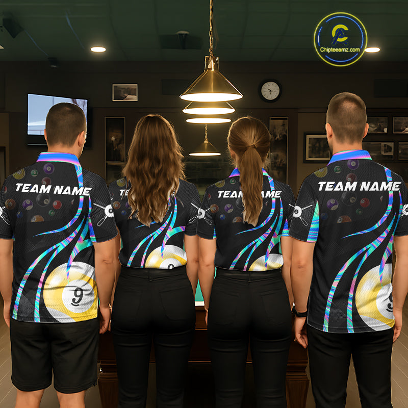 Back view of pool players wearing matching holographic billiard shirts in a game room.