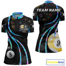 Load image into Gallery viewer, Holographic 8 ball and 9 ball billiard quarter zip shirt for women built for league play and tournaments.