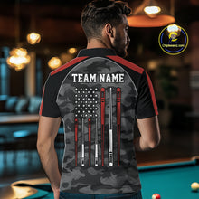 Load image into Gallery viewer, Back view of man wearing a red camo American flag pool shirt in a billiards hall.
