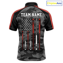 Load image into Gallery viewer, Red camouflage American flag 8 ball billiard polo shirt for men with custom pool team graphics.