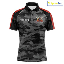 Load image into Gallery viewer, Red camouflage American flag 8 ball billiard polo shirt for men with custom pool team graphics.