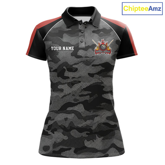 Red camouflage American flag 8 ball billiard polo shirt for women with custom pool team graphics.