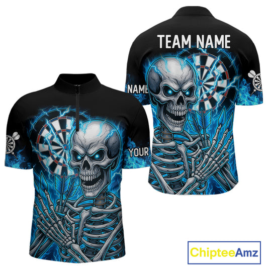 Blue Flaming Lightning Skeleton Darts Shirt For Men Custom Darts Jersey Team Polo & Quarter Zip TDM4344