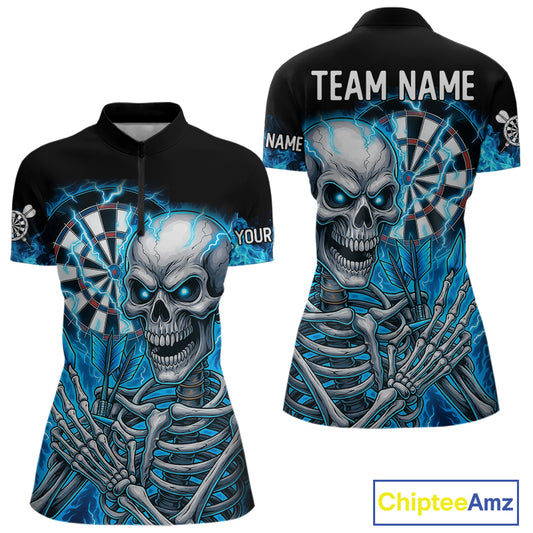 Blue Flaming Lightning Skeleton Darts Shirt For Women Custom Darts Jersey Team Polo & Quarter Zip TDM4344