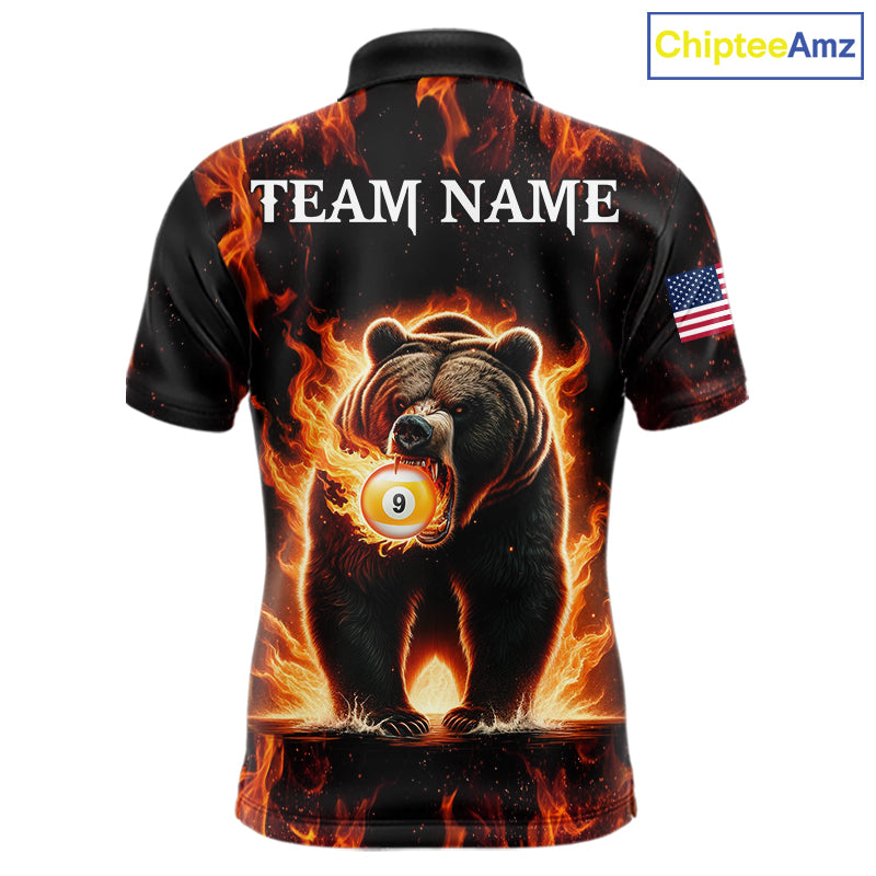 Custom funny bear 8 ball and 9 ball pool fire flame billiard team jersey polo shirt for men featuring a colorful flaming bear design, premium custom pool league apparel for tournaments.