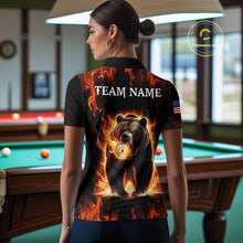 Load image into Gallery viewer, Woman wearing custom funny bear 8 ball and 9 ball pool fire flame billiard team jersey polo shirt featuring the colorful bear artwork, back view.