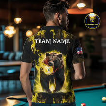 Load image into Gallery viewer, Man wearing custom yellow flaming 9 ball pool bear billiard team jersey polo shirt featuring the fiery bear artwork, back view.