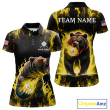 Load image into Gallery viewer, Custom yellow flaming 9 ball pool bear billiard team jersey polo shirt for women featuring a fierce bear with blazing flame artwork, premium pool league apparel for tournaments and competitive play.