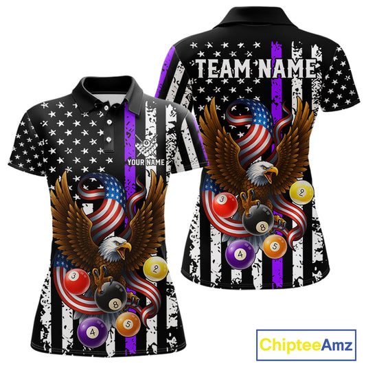 Billiard Eagle American Flag Stripes Pool Jersey For Women Custom Patriotic Billiard Shirt|Purple TDM4984