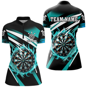 Turquoise 3D Darts Board Fire Custom Polo & 1/4 Zip Shirt For Women Personalized Dart Jerseys Uniform TDM2956