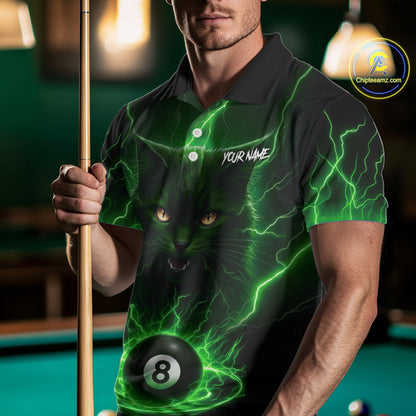Green 8 Ball Thunder Lightning Cat Billiard Shirt For Men Custom Pool Team Jersey Polo & 1/4 Zip TDM5696