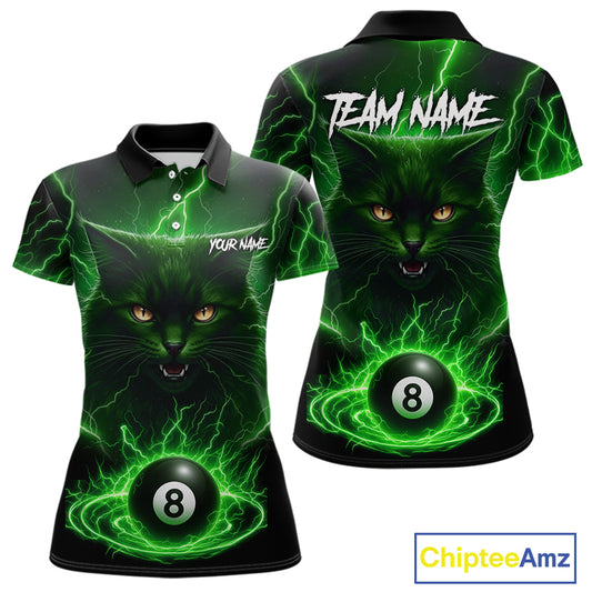 Green 8 Ball Thunder Lightning Cat Billiard Shirt For Women Custom Pool Team Jersey Polo & 1/4 Zip TDM5696