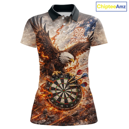 Personalized Grunge Fire Eagle Darts Shirt For Women, Patriotic Darts Jersey Team Polo & 1/4 Zip TDM5911