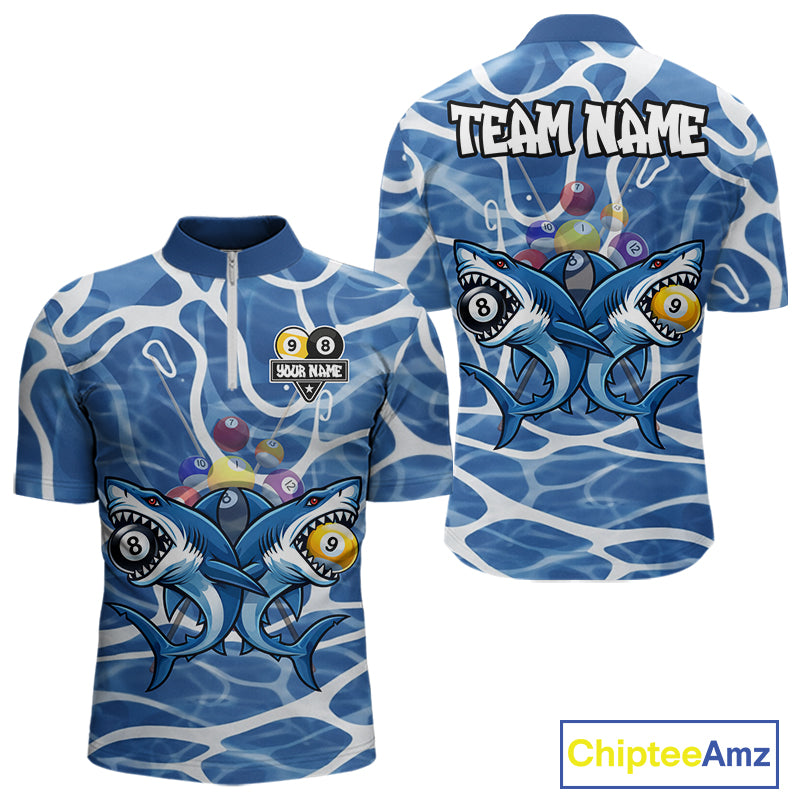 Blue Funny Shark 9 Ball & 8 Ball Billiard Shirt For Men Custom Pool Team Jersey Polo & 1/4 Zip TDM6057