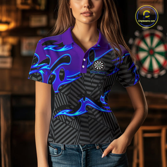 Custom Black Purple Tribal Flame Darts Polo Shirt For Women, Personalized Darts Team Jerseys TDM1429