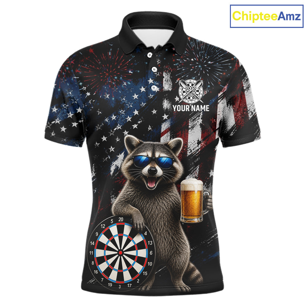 Funny Raccoon Grunge American Flag Darts Shirt For Men Custom Darts Jersey Team Polo & 1/4 Zip TDM6483