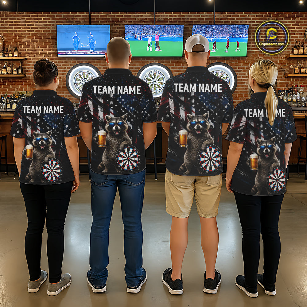 Funny Raccoon Grunge American Flag Darts Shirt For Men Custom Darts Jersey Team Polo & 1/4 Zip TDM6483