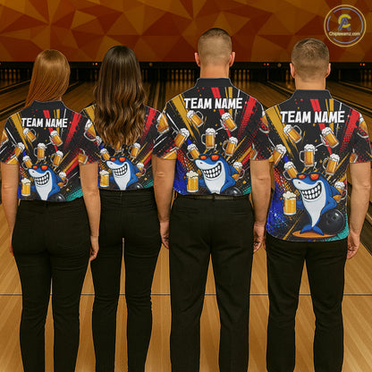 Colorful Graffiti Funny Shark And Beer Bowling Polo, 1/4 Zip For Men Custom Bowling Team Jersey TDM6488