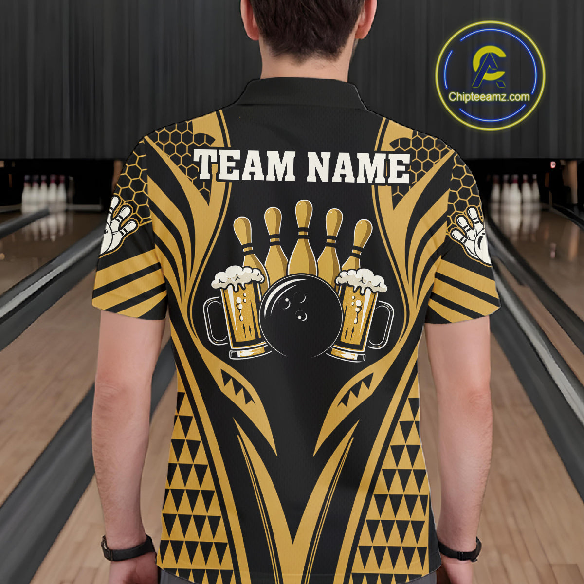 Man Wearing Black And Gold Tribal Beer Bowling Polo Shirt Back View Bowling Team Jersey