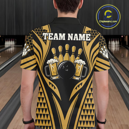 Man Wearing Black And Gold Tribal Beer Bowling Polo Shirt Back View Bowling Team Jersey