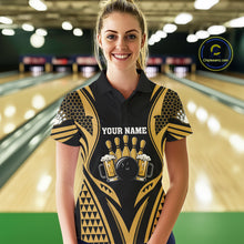 Load image into Gallery viewer, Woman Wearing Black And Gold Tribal Beer Bowling Polo Shirt Front View Custom Bowling Jersey