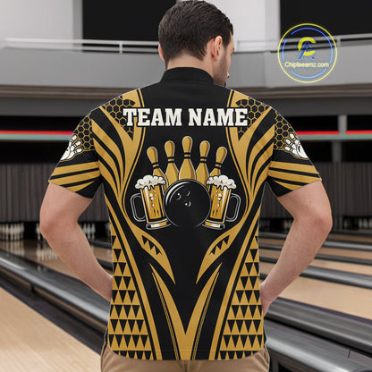Man Wearing Black And Gold Tribal Beer Bowling Quarter Zip Shirt Back View Bowling Team Jersey