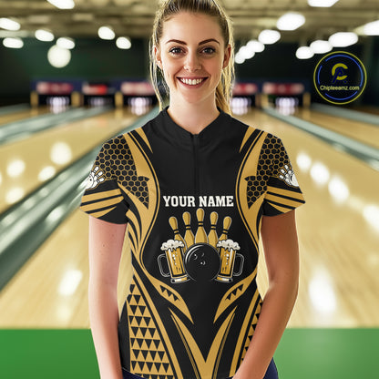 Woman Wearing Black And Gold Tribal Beer Bowling Quarter Zip Shirt Front View Custom Bowling Jersey