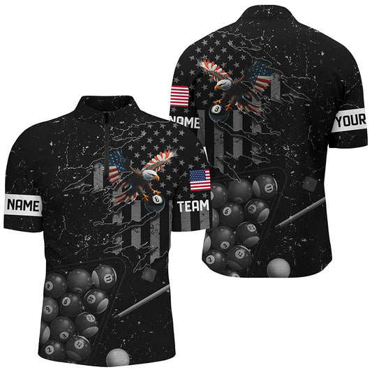 Customized Eagle Retro US Flag Black Billiard Shirts For Men, Best Patriotic Pool Player Shirts TDM2197
