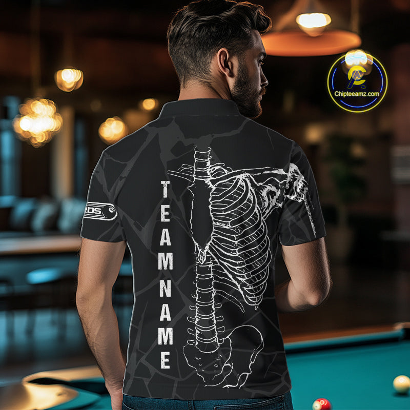 White Skeleton Custom Black Grunge Billiard Shirts For Men, Funny Billiard Jerseys Short Sleeve TDM2723