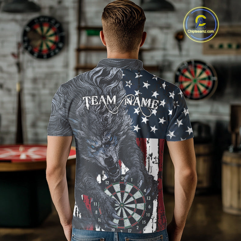 Personalized Grunge American Flag Wolf Darts Shirt For Men, Patriotic Dart Team Jerseys TDM5187