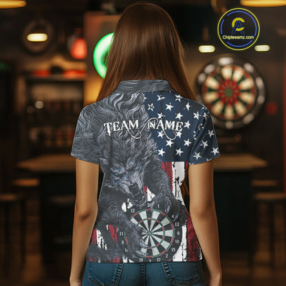 Personalized Grunge American Flag Wolf Darts Shirt For Women, Patriotic Dart Team Jerseys TDM5187