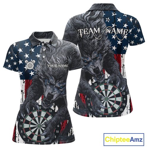 Personalized Grunge American Flag Wolf Darts Shirt For Women, Patriotic Dart Team Jerseys TDM5187