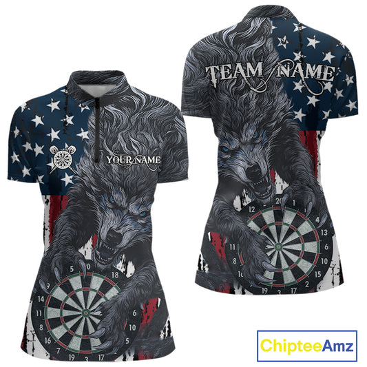 Personalized Grunge American Flag Wolf Darts Shirt For Women, Patriotic Dart Team Jerseys TDM5187