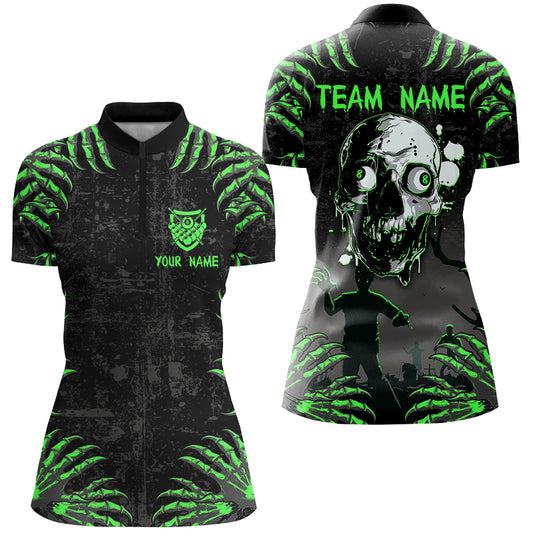Funny Skull Claw Pattern Custom Women Billiard Shirts, Grunge Green Black Cool Billiard Jerseys TDM3203