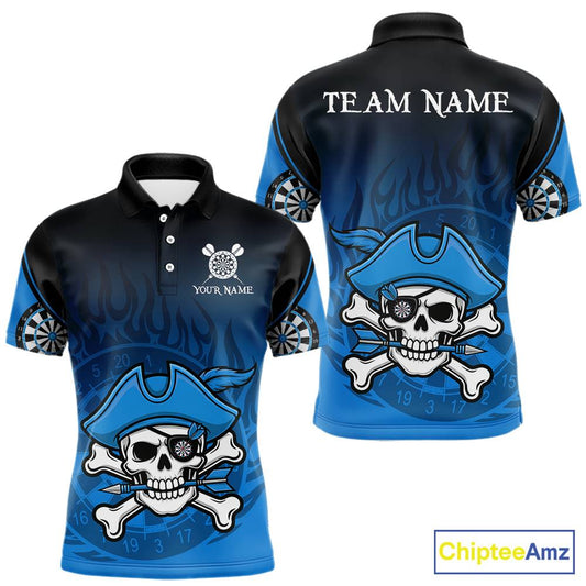 Black And Blue Funny Pirate Flame Skull Darts Shirt For Men Custom Dart Jersey Team Polo, 1/4 Zip TDM5703