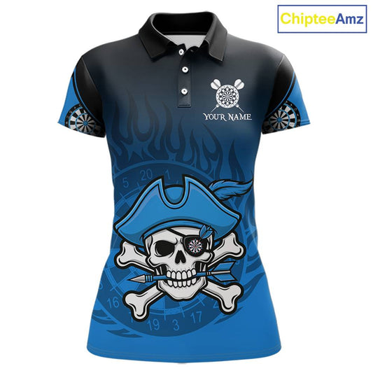 Black And Blue Funny Pirate Flame Skull Darts Shirt For Women Custom Dart Jersey Team Polo, 1/4 Zip TDM5703