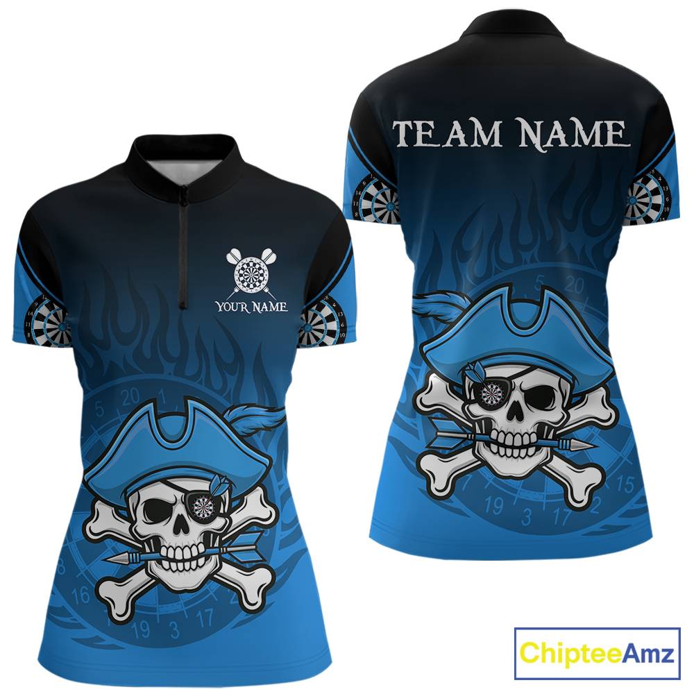 Black And Blue Funny Pirate Flame Skull Darts Shirt For Women Custom Dart Jersey Team Polo, 1/4 Zip TDM5703