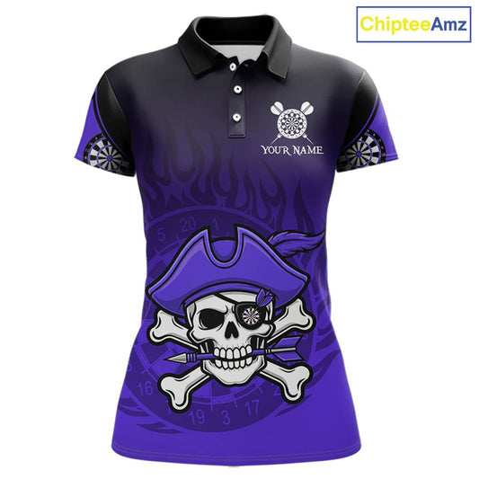 Black Purple Funny Pirate Flame Skull Darts Shirt For Women Custom Dart Jerseys Team Polo & 1/4 Zip TDM5704
