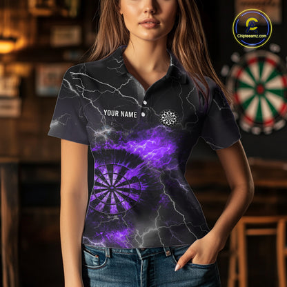 Custom Lightning Flame Purple Dart Shirt For Women, Darts Jersey Pocket Option TDM5914