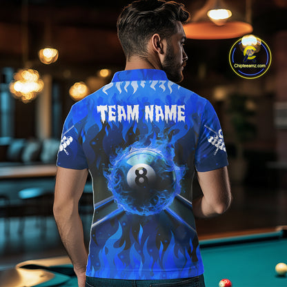 Personalized Blue 8 Ball Fire Flame Billiard Shirt For Men, Pool Team Jersey Polo & 1/4 Zip TDM1434