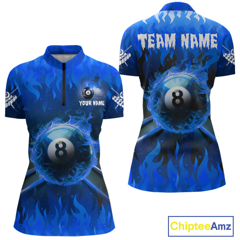 Personalized Blue 8 Ball Fire Flame Billiard Shirt For Women, Pool Team Jersey Polo & 1/4 Zip TDM1434